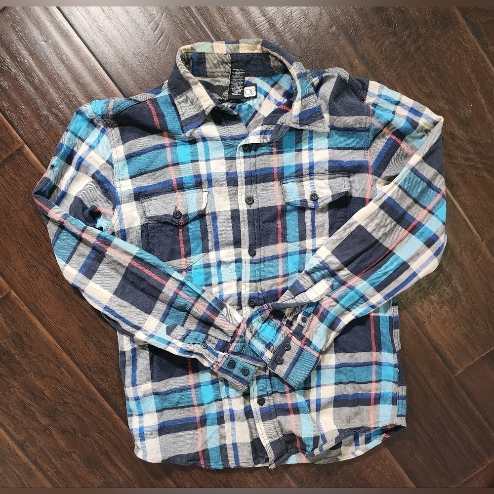 Mens OP Flannel Button Up Distressed Plaid Long Sleeve Top